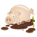 Cartoon Pig in the Mud Smiling