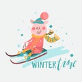 Cartoon pig, piggy, piglet on a sledge, winter season fun activity graphic illustration