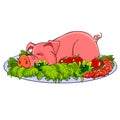 Cartoon pig on a plate with vegetables Royalty Free Stock Photo