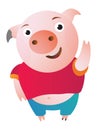 Cartoon Pig says hi, waving and shy.