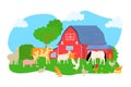 Cartoon pig, sheep, horse, cow at farm vector illustration. Animal at nature landscape, barn for chicken rooster