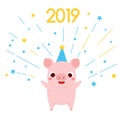 Cartoon pig, symbol of 2019 chinse new year with firework. vector illustration for calendars and cards