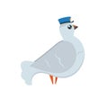 Cartoon pigeon post with blue postman`s hat with open wings in fly