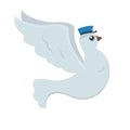 Cartoon pigeon post with blue postman`s hat with open wings in fly