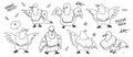 Cartoon pigeons birds with a bread necklace. Outline hand drawn doodle