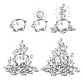 Cartoon piggy bank and coins set. Piggy with one coin, with falling cash, heaped over money. Growing wealth and business Royalty Free Stock Photo