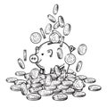 Cartoon piggy bank among falling coins on big pile of money. 2019 Chinese New Yea symbol. Black and white sketch. Hand Royalty Free Stock Photo