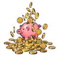 Cartoon piggy bank among falling coins on big pile of money. 2019 Chinese New Yea symbol. Hand drawn vector. Royalty Free Stock Photo