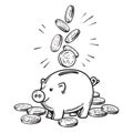 Cartoon piggy bank with falling coins. Black and white sketch.