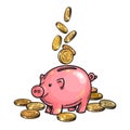 Cartoon piggy bank with falling coins. Vector. Royalty Free Stock Photo