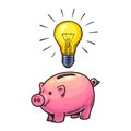 Cartoon piggy bank and glowing light bulb symbol of Inspiration. Invest in creativity and innovation Hand drawn vector Royalty Free Stock Photo
