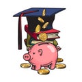 Cartoon piggy bank with graduation hat, money, stack of books. Royalty Free Stock Photo