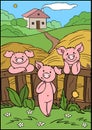 Cartoon farm animals. Three little cute pigs are near the fence on the farm. Royalty Free Stock Photo