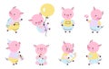 Cartoon pigs, funny hog characters in different poses. Happy pig, adorable isolated active piggy. Farm animal activity Royalty Free Stock Photo