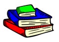 CARTOON OF A PILE OF COLORFUL BOOKS, OUTLINED BLACK