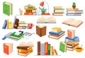 Cartoon pile textbooks. Stacks school books bookmarks, book study read education, bookstore library collection, academic Royalty Free Stock Photo