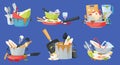 Cartoon piles of dirty dishes, plates and cups with food stains. Stained dinnerware, messy pots and pans, unwashed Royalty Free Stock Photo