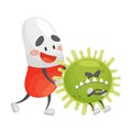 Cartoon pill pushes a microbe in the back. Vector illustration on a white background. Royalty Free Stock Photo