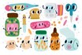 Cartoon pills bottles. Cute kids medicine characters with funny faces. Medical pipette and thermometer. Tablets jars Royalty Free Stock Photo