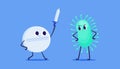 Cartoon pills fight virus. Antibiotic medication capsule, cute colorful vitamin germs disease treatment, pharmacy mascot