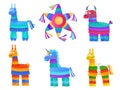 Cartoon pinata. Colorful mexican toys, pinatas mexico carnival children birthday paper containers candy sweets party kid