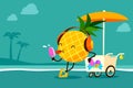 Cartoon pineapple eat ice cream at the beach