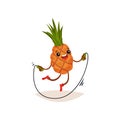 Cartoon pineapple exercising with jumping rope. Funny humanized fruit with happy face expression. Flat vector design