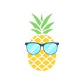 Cartoon pineapple in glasses. Fresh cute exotic fruit wearing sunglasses.