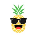Cartoon pineapple in glasses. Fresh cute exotic fruit wearing sunglasses.