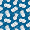 Cartoon Pineapple seamless pattern. Summer tropical Fruit. Natural vegetarian healthy sweet food. Vector blue white background Royalty Free Stock Photo