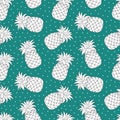Cartoon Pineapple seamless pattern. Summer tropical Fruit. Natural vegetarian healthy sweet food. Vector green white background Royalty Free Stock Photo