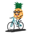 Cartoon pineapple in sunglasses riding a Bicycle on a white isolated background. Vector image