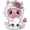 Cartoon Pink Alpaca with a flowers and cloud