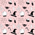 Cartoon pink, black and white holidays seamless vector pattern background illustration with halloween elements: witch hat, spider,