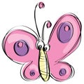 Cartoon pink butterfly with funny face as naive children drawing