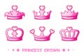 Cartoon pink crown de Princess, set icons. Cute vector illustration for girls