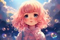 Cartoon pink-haired girl with very big blue eyes against background of soap bubbles and clouds in fairyland of dreams Royalty Free Stock Photo