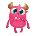 Cartoon pink horned grumpy monster. Vector illustration of cute sad monster character. Royalty Free Stock Photo