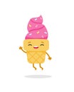 Cartoon pink jump ice cream emoji character. Sweet food. Cute vector illustration