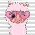 Cartoon Pink Lama with pink heart glasses Royalty Free Stock Photo