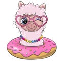 Cartoon Pink Lama with pink heart glasses and donut Royalty Free Stock Photo