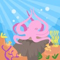 Cartoon Pink Octopus Underwater Deep Ocean Bottom
