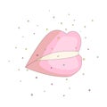 Cartoon pink opened lips icon with decoration elements. Fun opened lips with pink lipstick on white background. Fashion