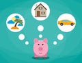 Cartoon pink piggy bank dreaming about holidays, car and house.investment, savings future planing concept flat design