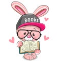 Cartoon Pink Rabbit in a cap with book