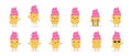 Cartoon pink set ice cream emoji characters. Sweet food