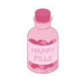 Cartoon pink transparent bottle with inscription happy pills isolated on white background Royalty Free Stock Photo