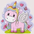 Cartoon pink Unicorn on the meadow Royalty Free Stock Photo