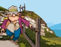 Cartoon pirate beggar down the stairs from the mountain