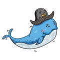 Cartoon Pirate Blue Whale in a Tricorne Hat, Hand Drawn Cute Animal Jolly Roger, Vector illustration Royalty Free Stock Photo